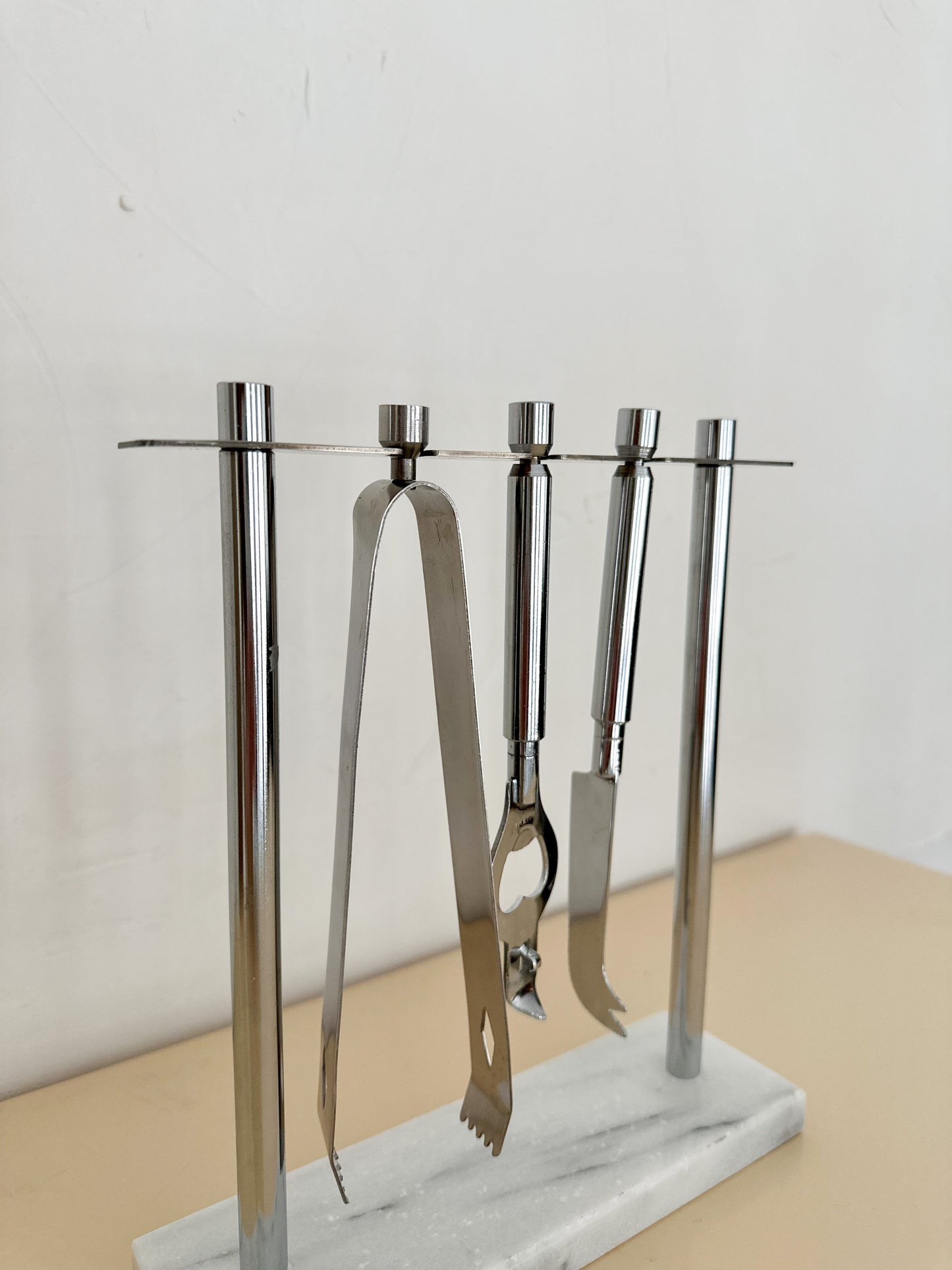 1960s MCM Georges Briard Silver Bar Tool Set on Marble Stand