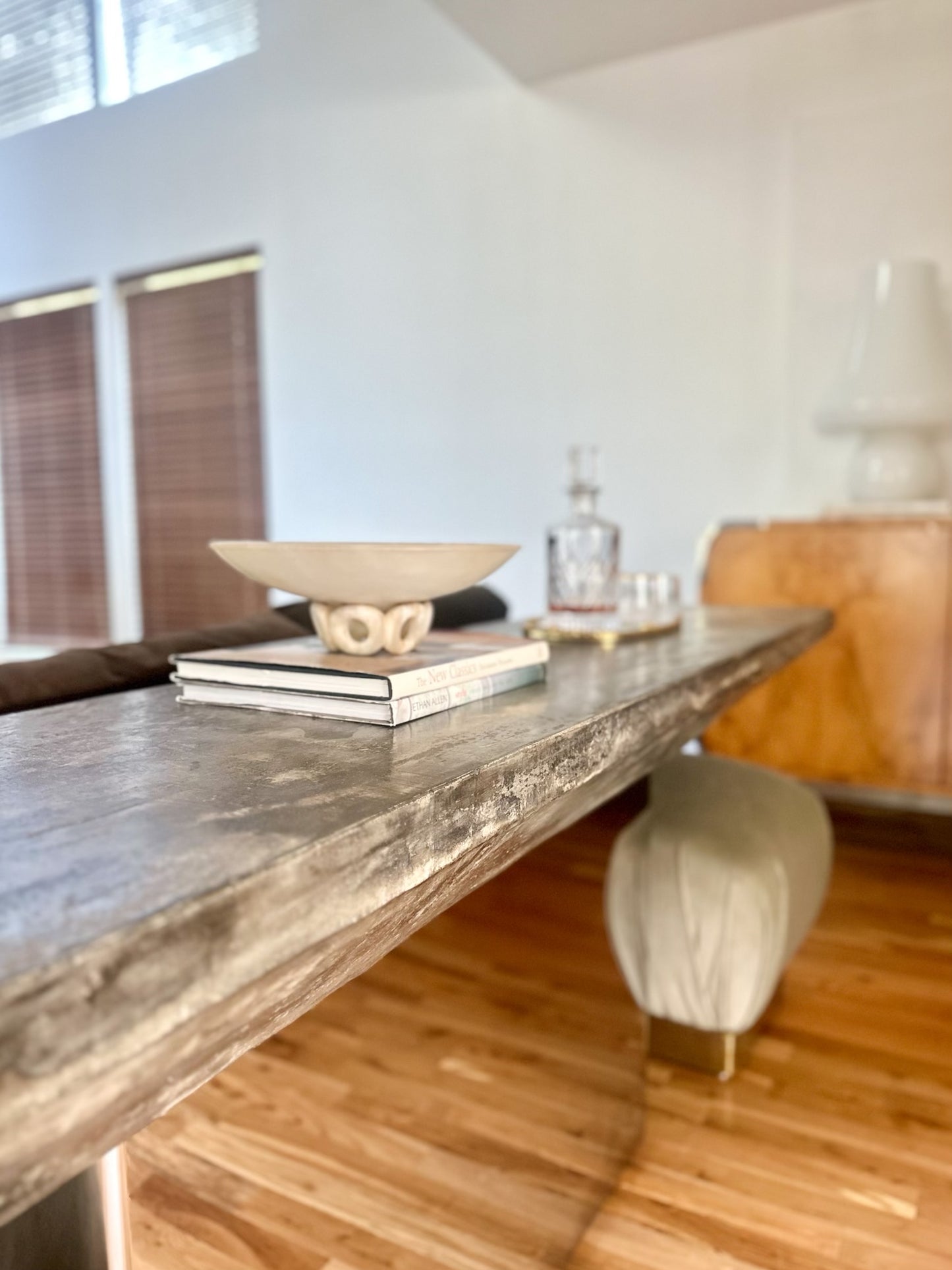 1970s Monumental Console With Distressed Finish and Mirrored Base