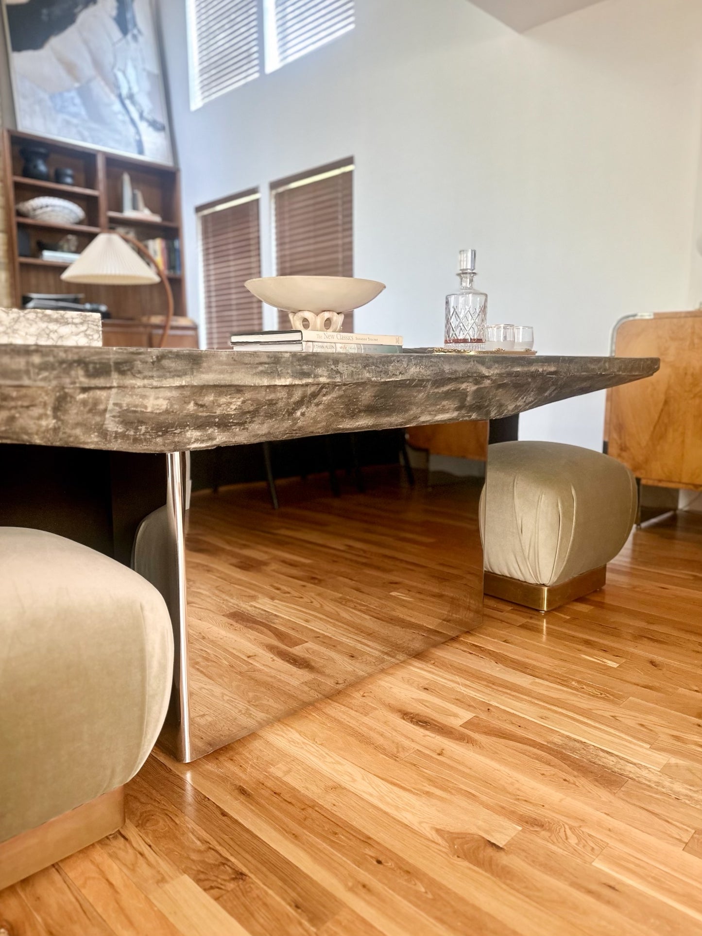 1970s Monumental Console With Distressed Finish and Mirrored Base