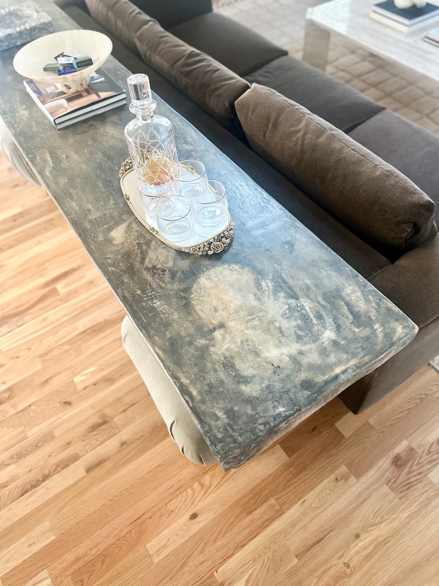 1970s Monumental Console With Distressed Finish and Mirrored Base