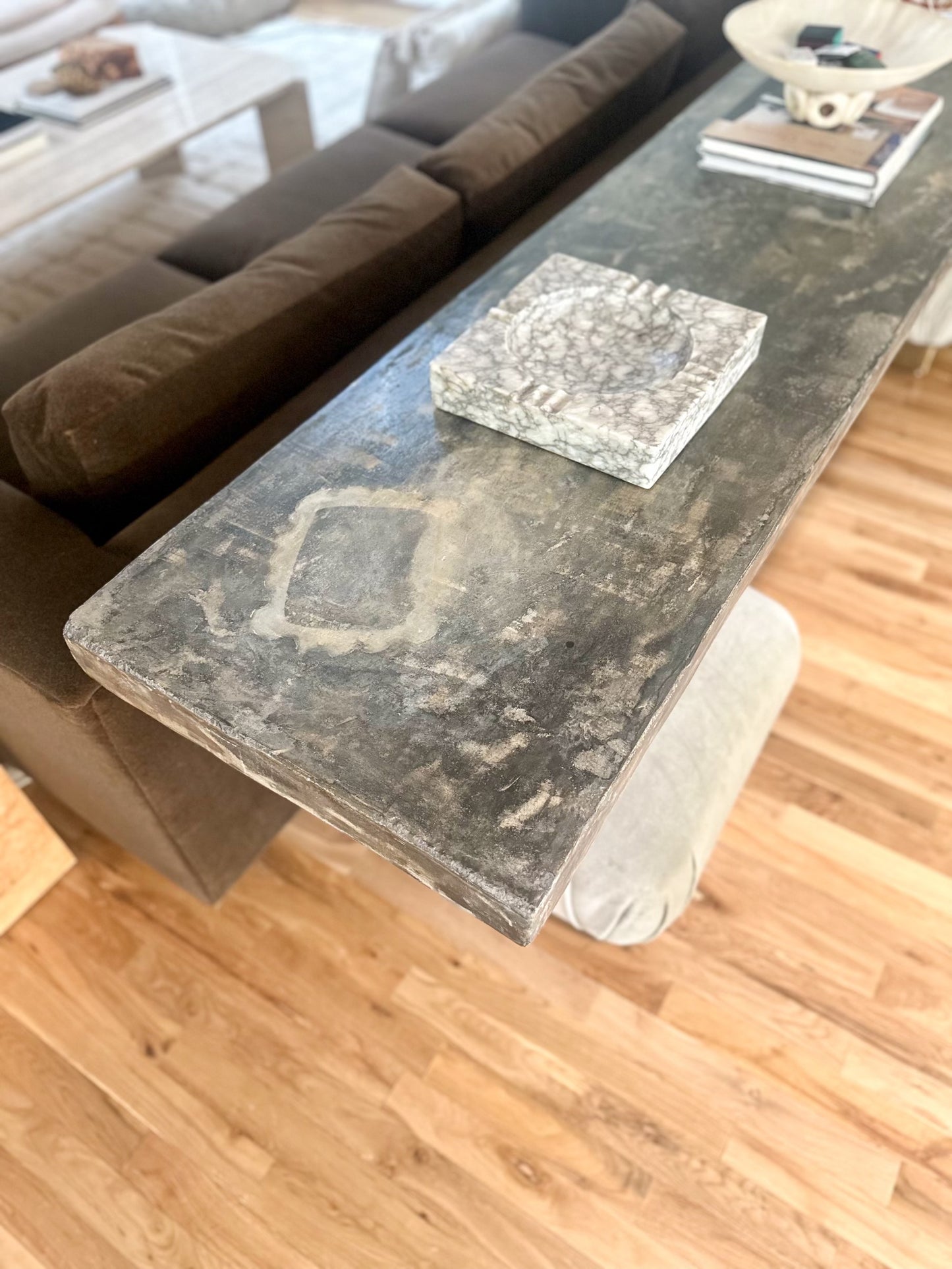 1970s Monumental Console With Distressed Finish and Mirrored Base
