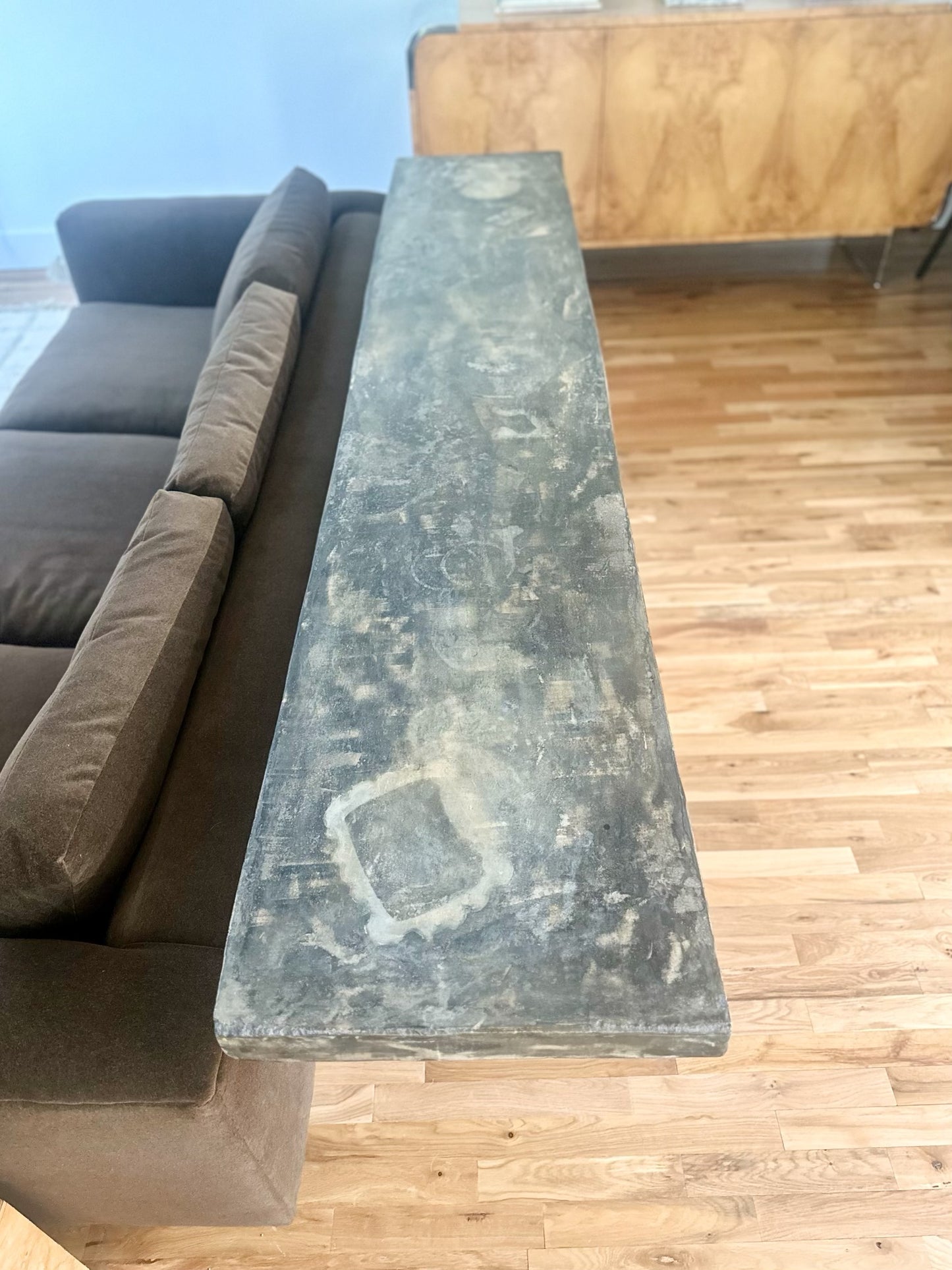 1970s Monumental Console With Distressed Finish and Mirrored Base