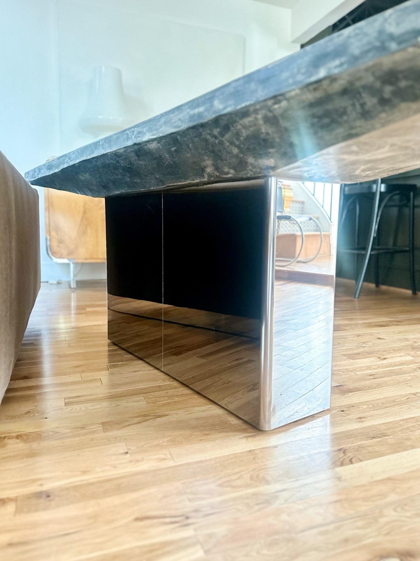 1970s Monumental Console With Distressed Finish and Mirrored Base