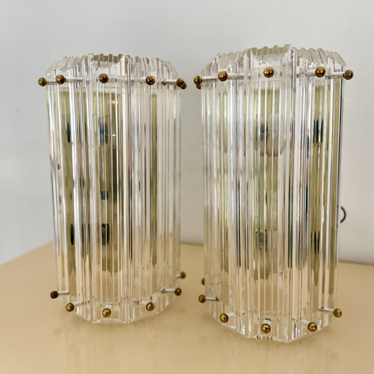 1980s Lucite Prism Wall Mounted Sconces with Brass Details - a pair