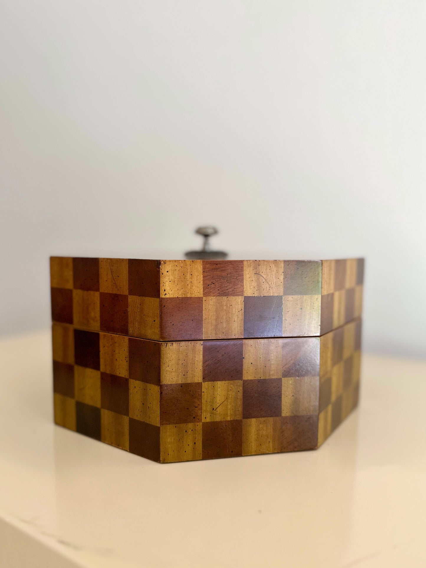 1980s Maitland Smith Checkered Wood Octagonal Box