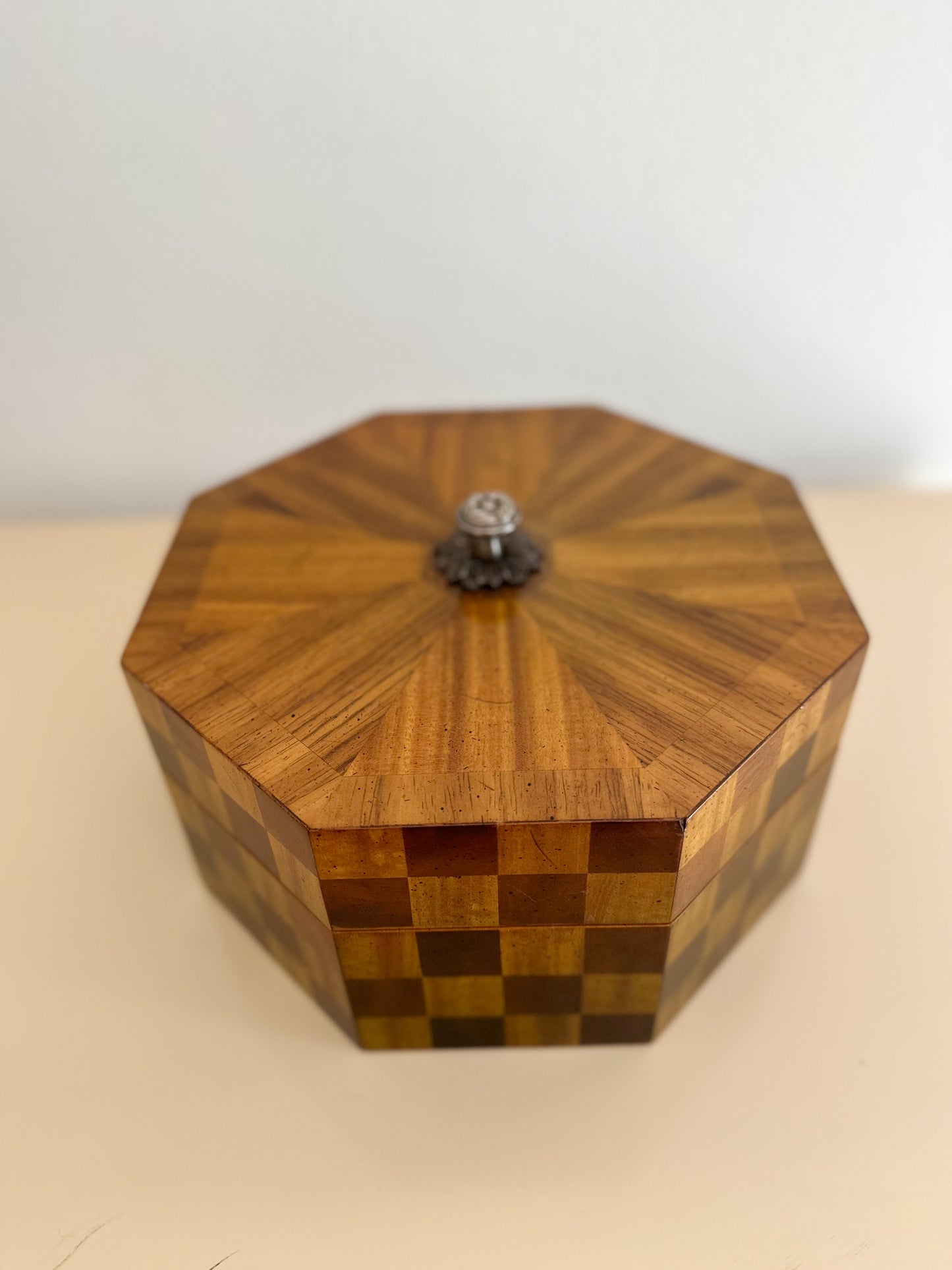 1980s Maitland Smith Checkered Wood Octagonal Box