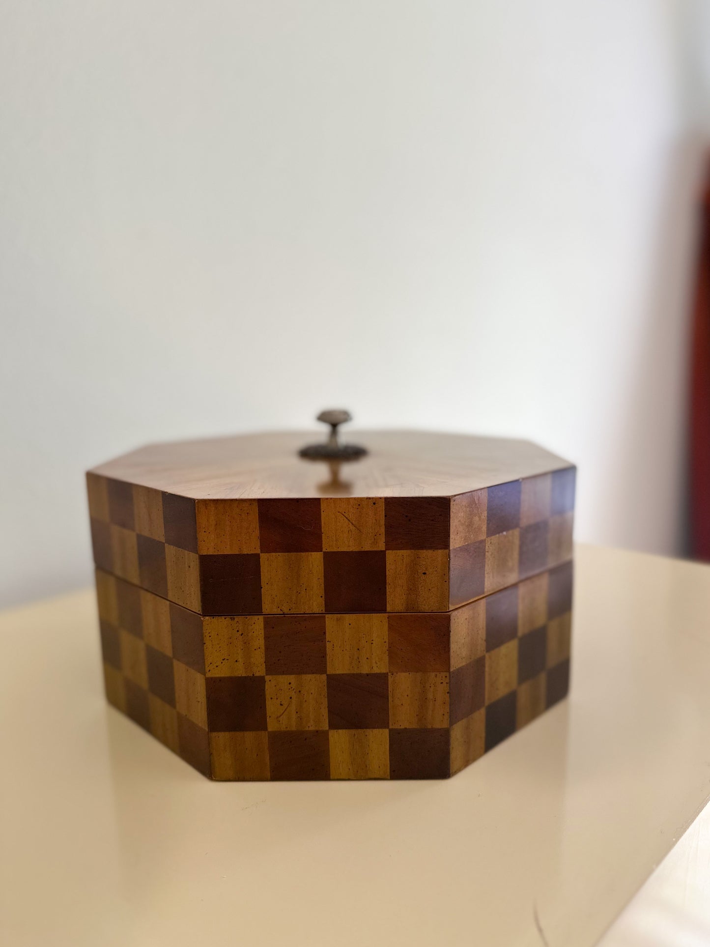 1980s Maitland Smith Checkered Wood Octagonal Box