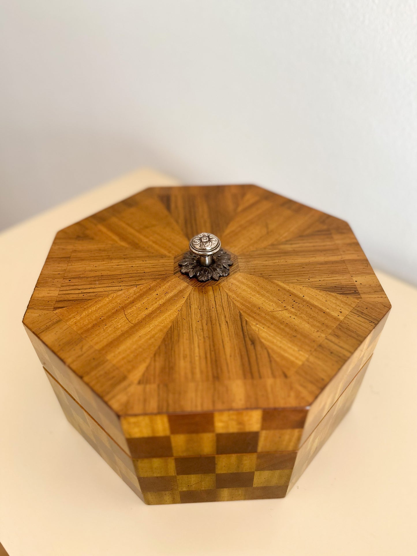 1980s Maitland Smith Checkered Wood Octagonal Box