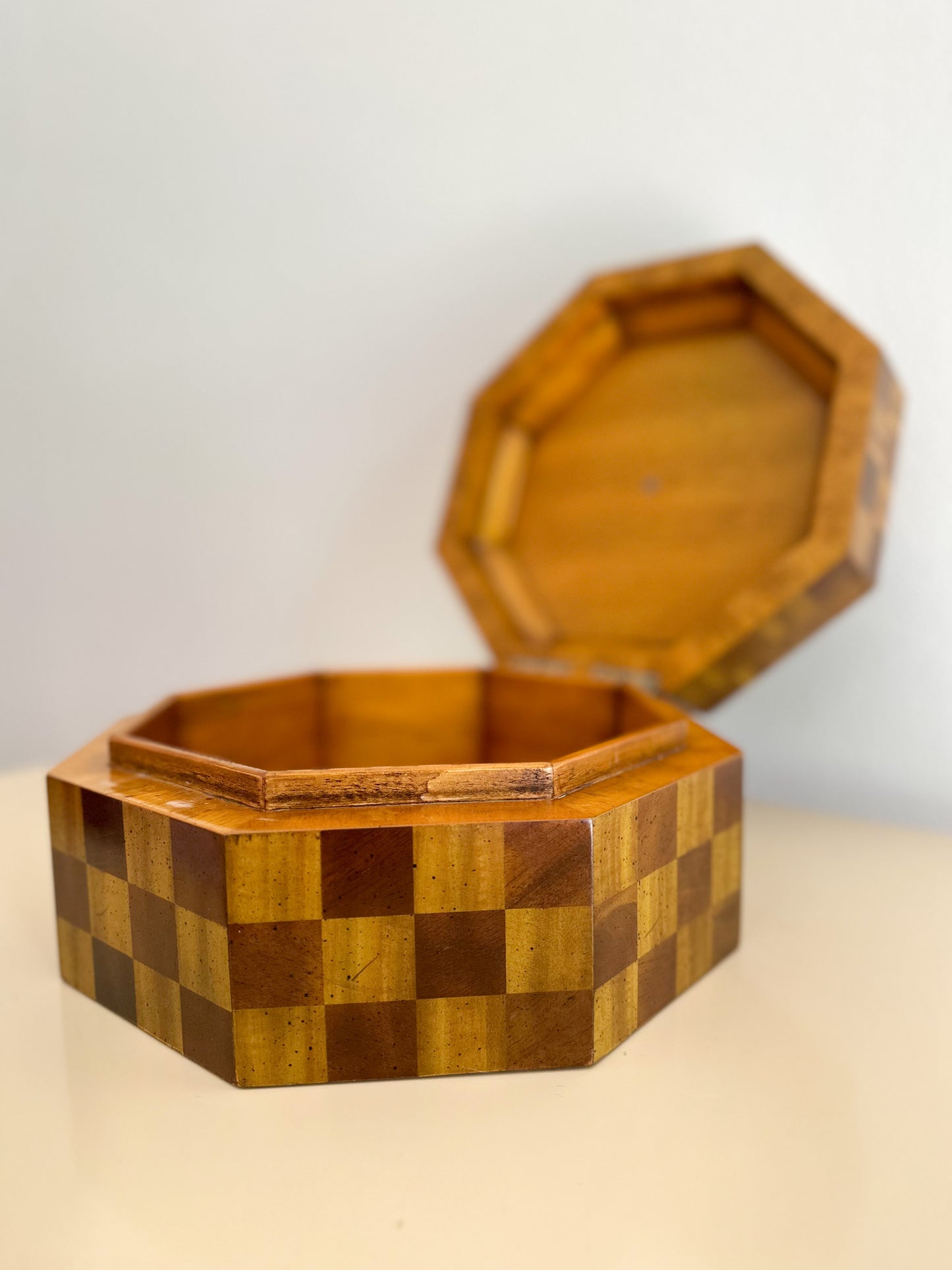 1980s Maitland Smith Checkered Wood Octagonal Box