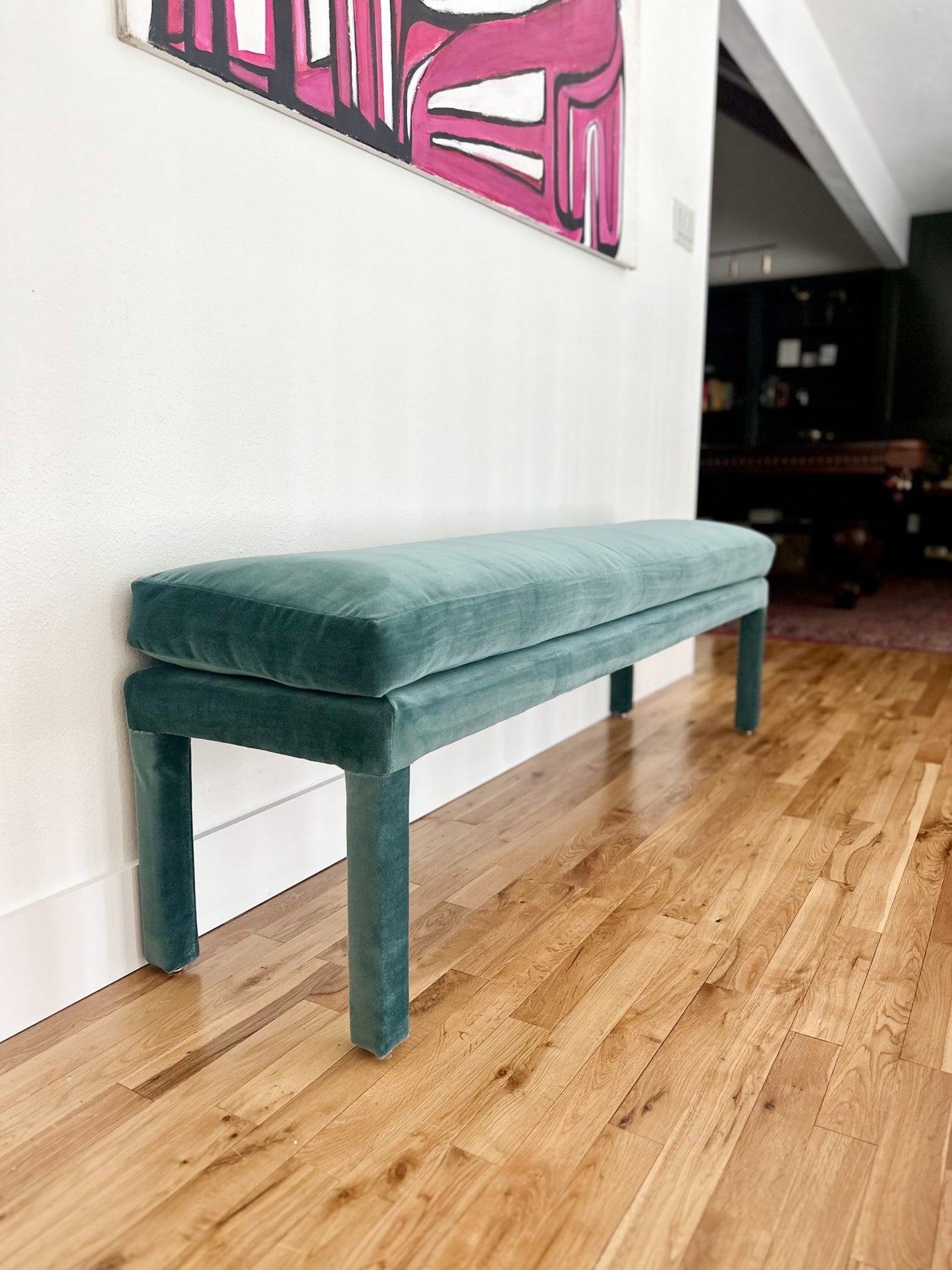 1970s Teal Velvet Parsons Style Bench