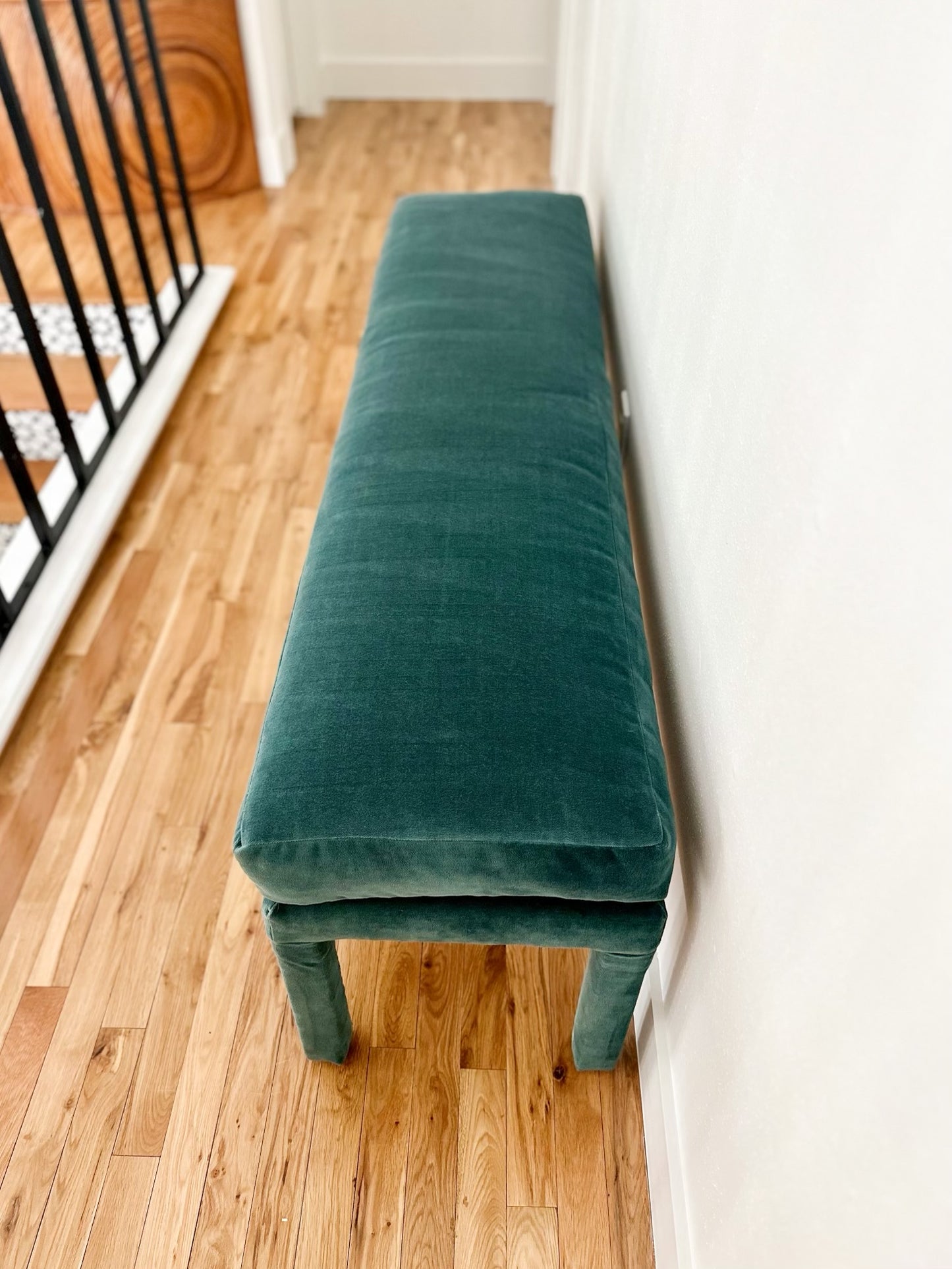 1970s Teal Velvet Parsons Style Bench