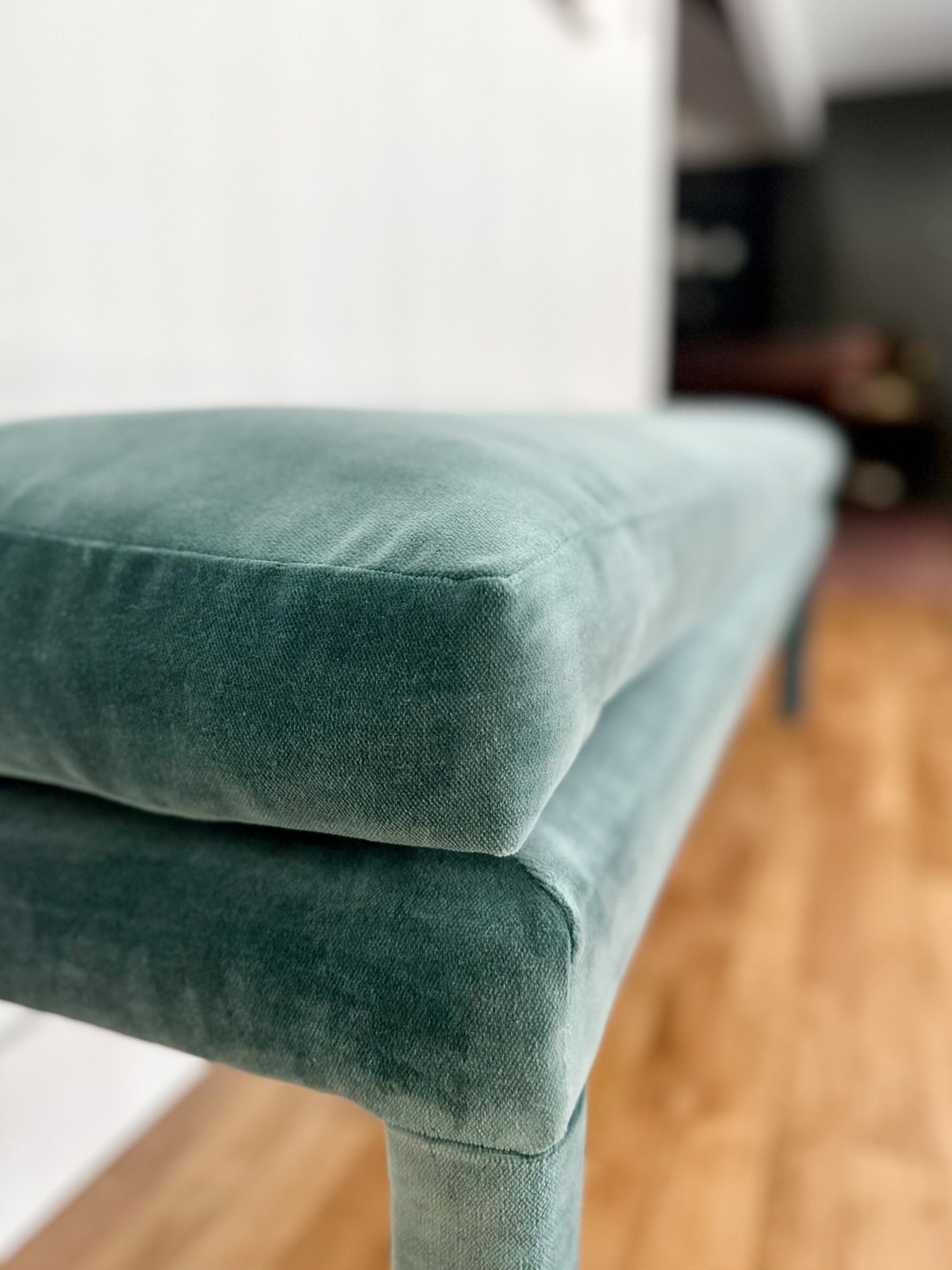 1970s Teal Velvet Parsons Style Bench