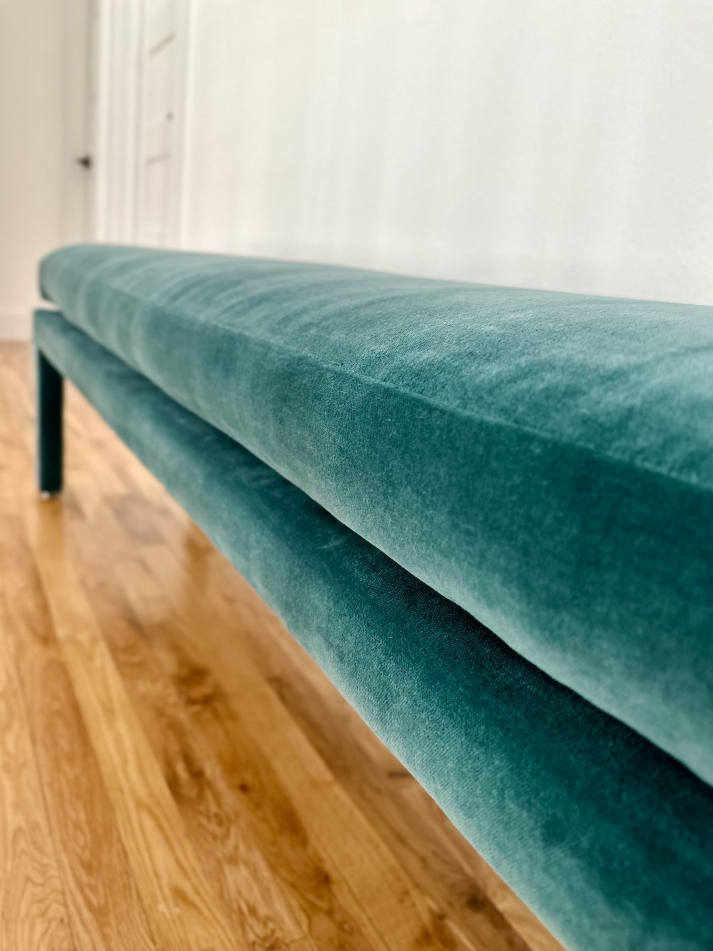 1970s Teal Velvet Parsons Style Bench