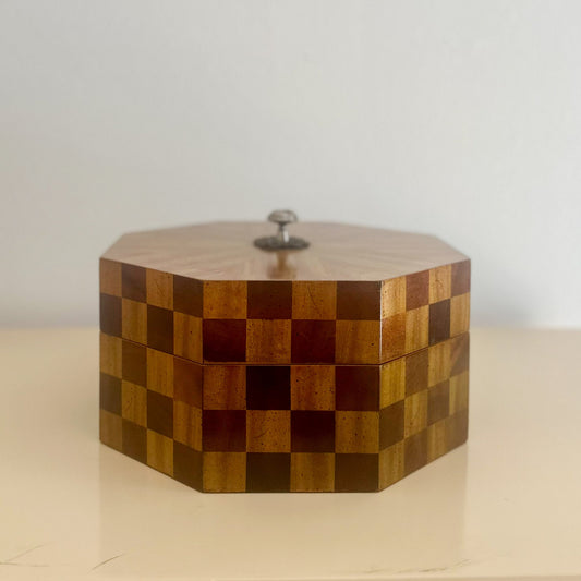 1980s Maitland Smith Checkered Wood Octagonal Box