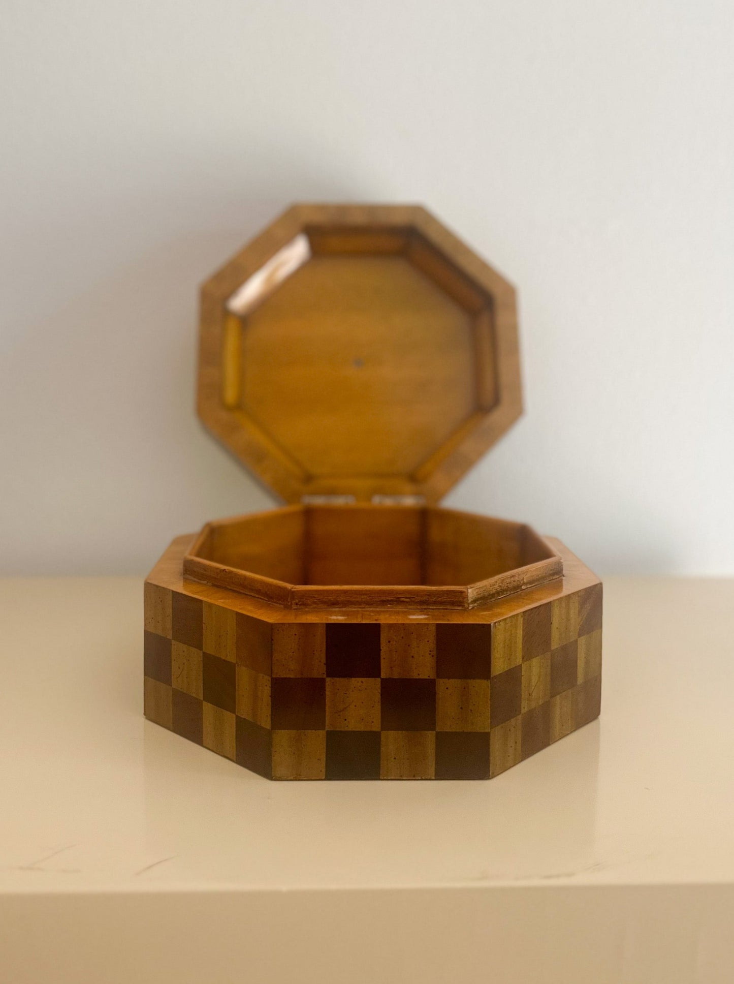 1980s Maitland Smith Checkered Wood Octagonal Box