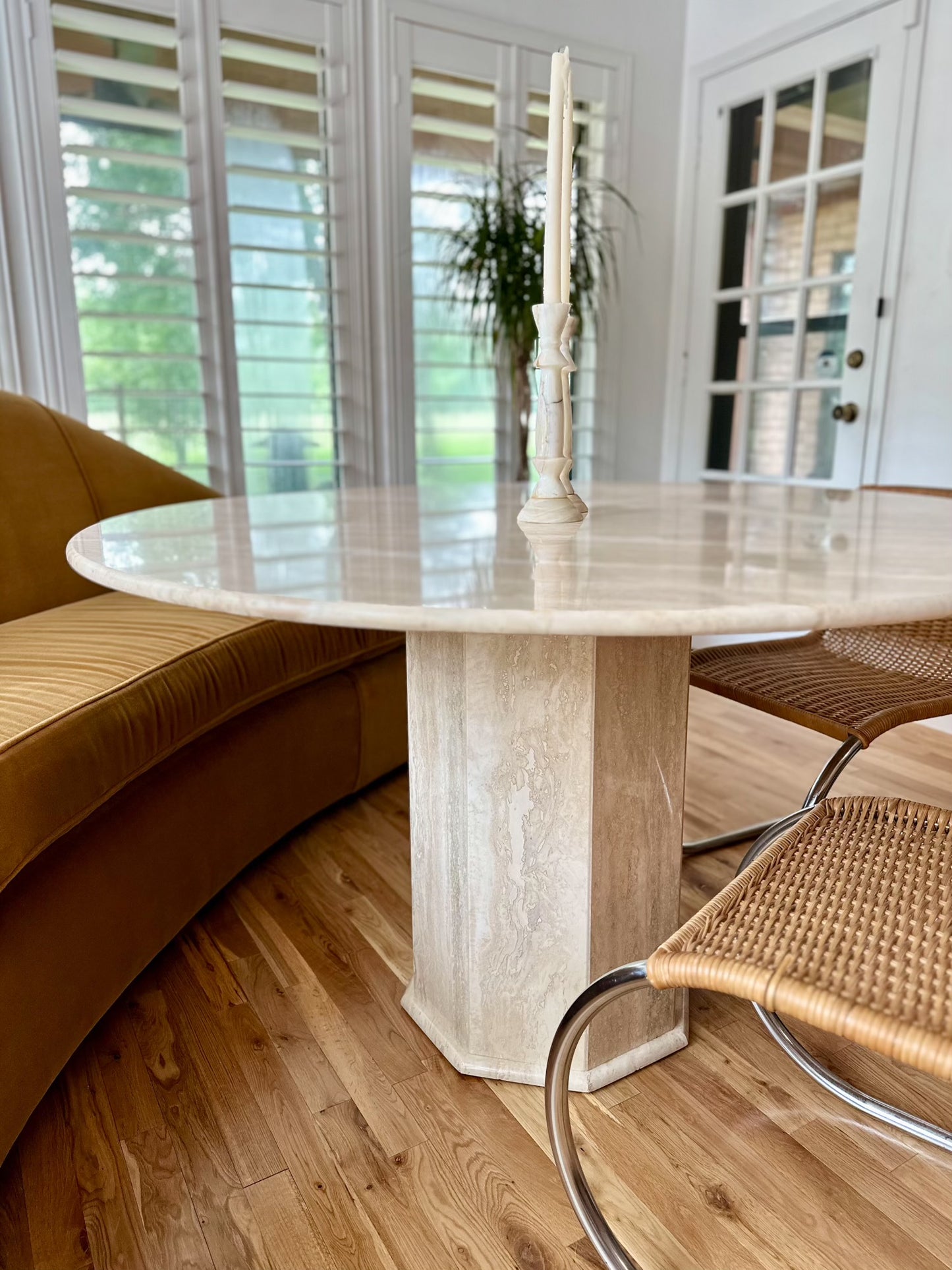 1970s Italian Polished Circular Travertine Table With Octagonal Pedestal Base