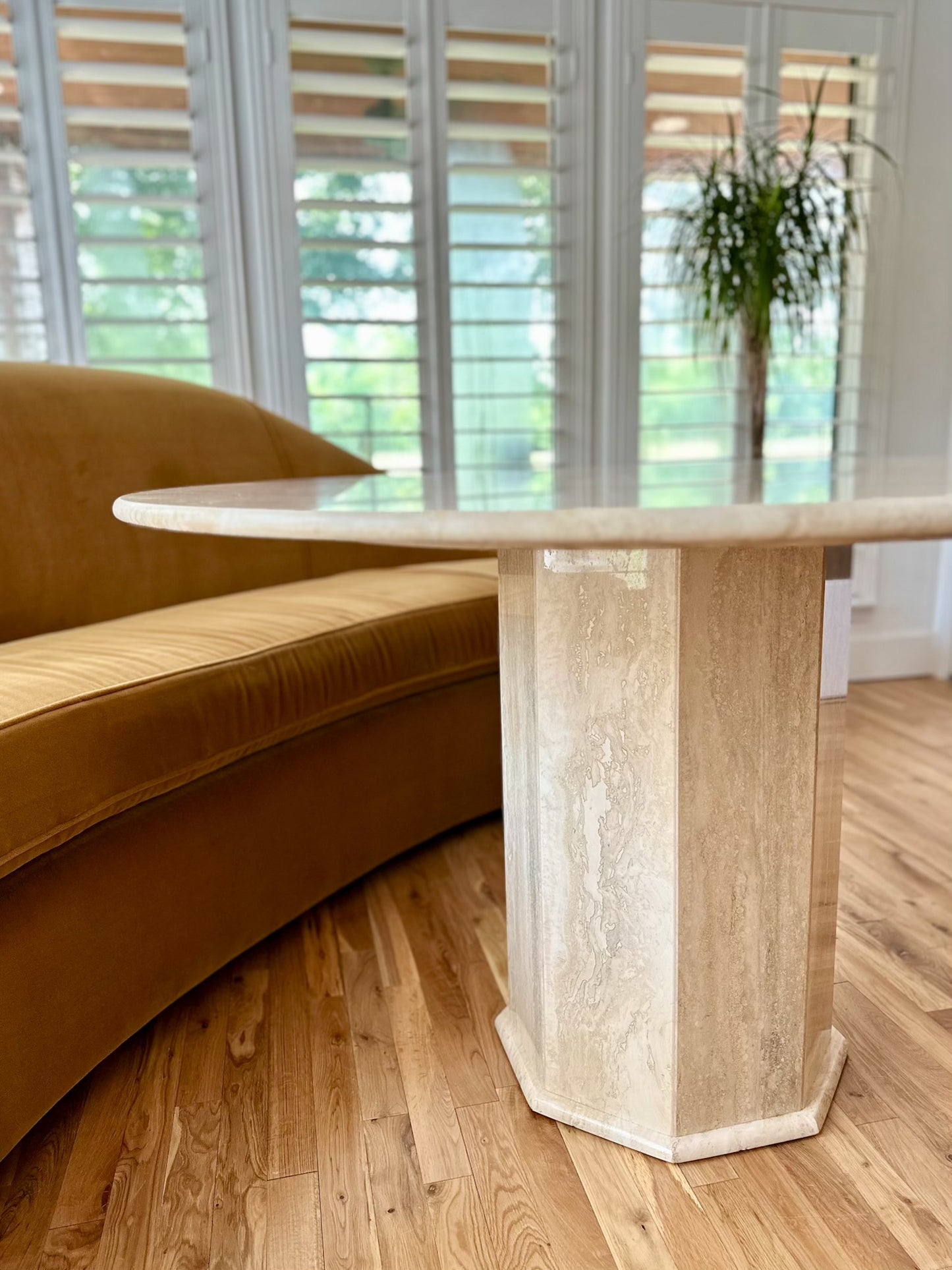 1970s Italian Polished Circular Travertine Table With Octagonal Pedestal Base