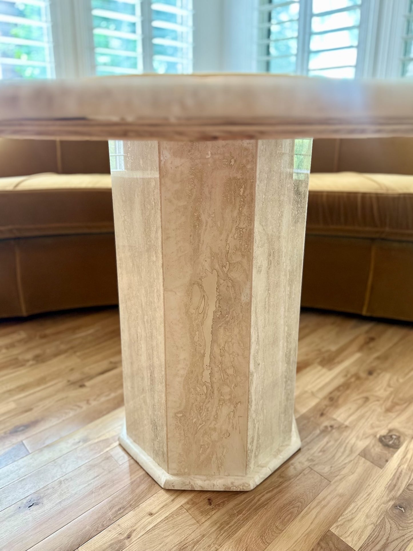 1970s Italian Polished Circular Travertine Table With Octagonal Pedestal Base