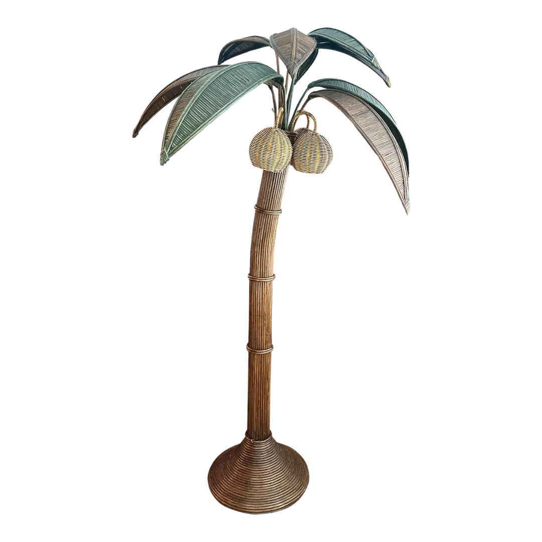 1980s Pencil Reed and Wicker Palm Tree Floor Lamp