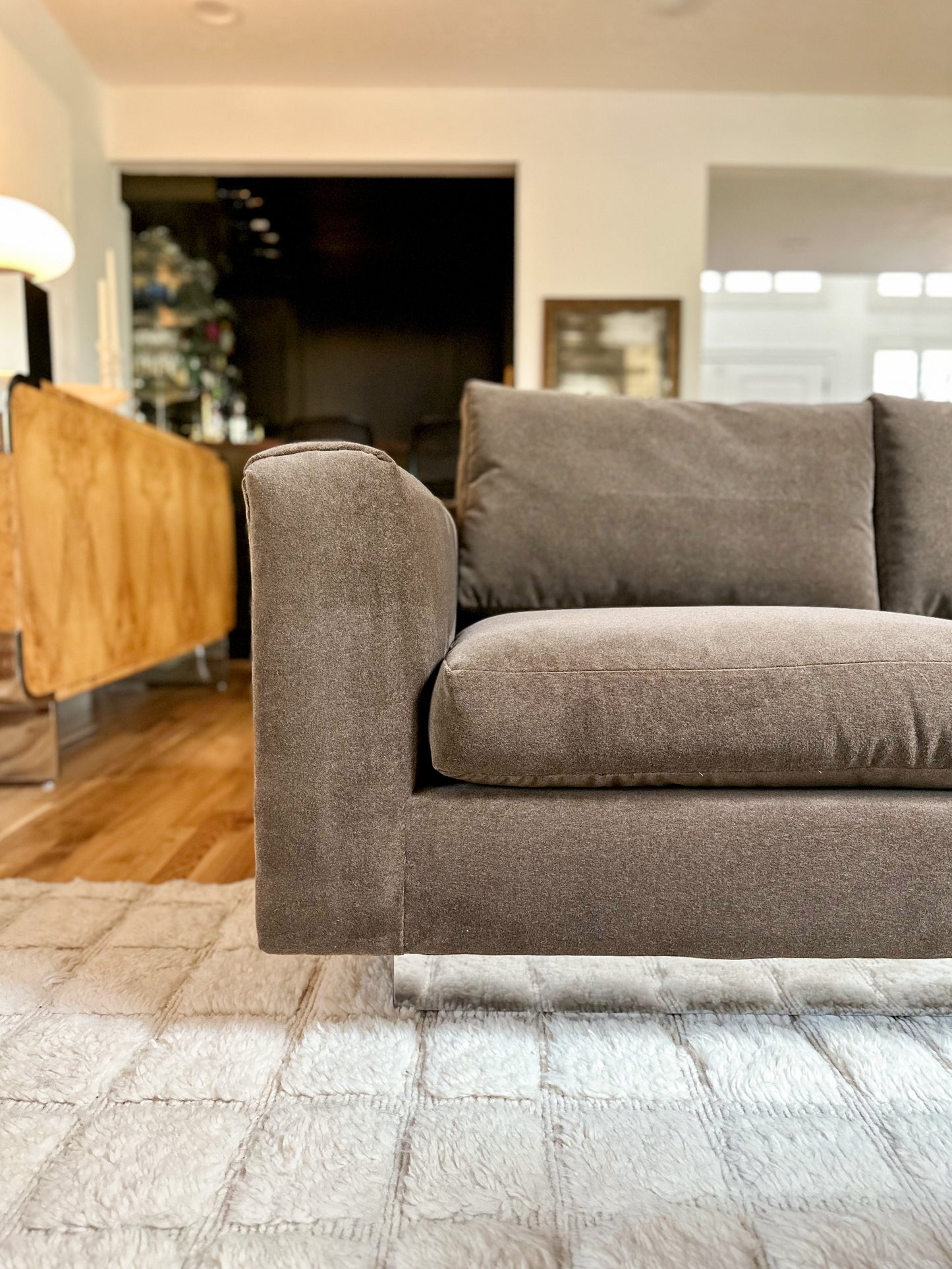 1970s Chocolate Velvet Tuxedo Sofa With Mirrored Plinth Base