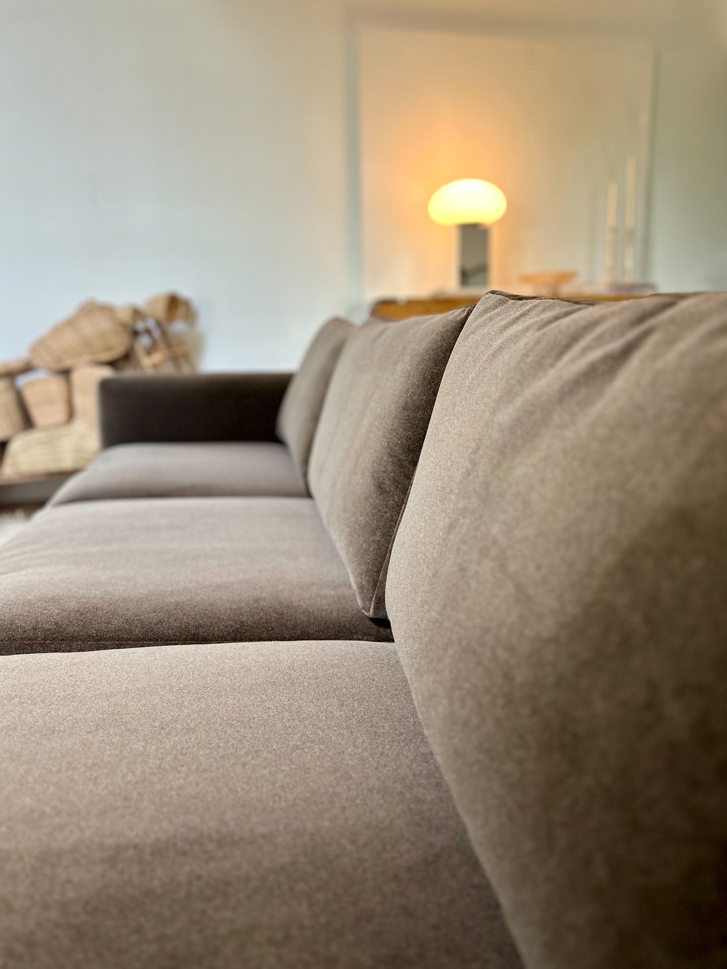 1970s Chocolate Velvet Tuxedo Sofa With Mirrored Plinth Base