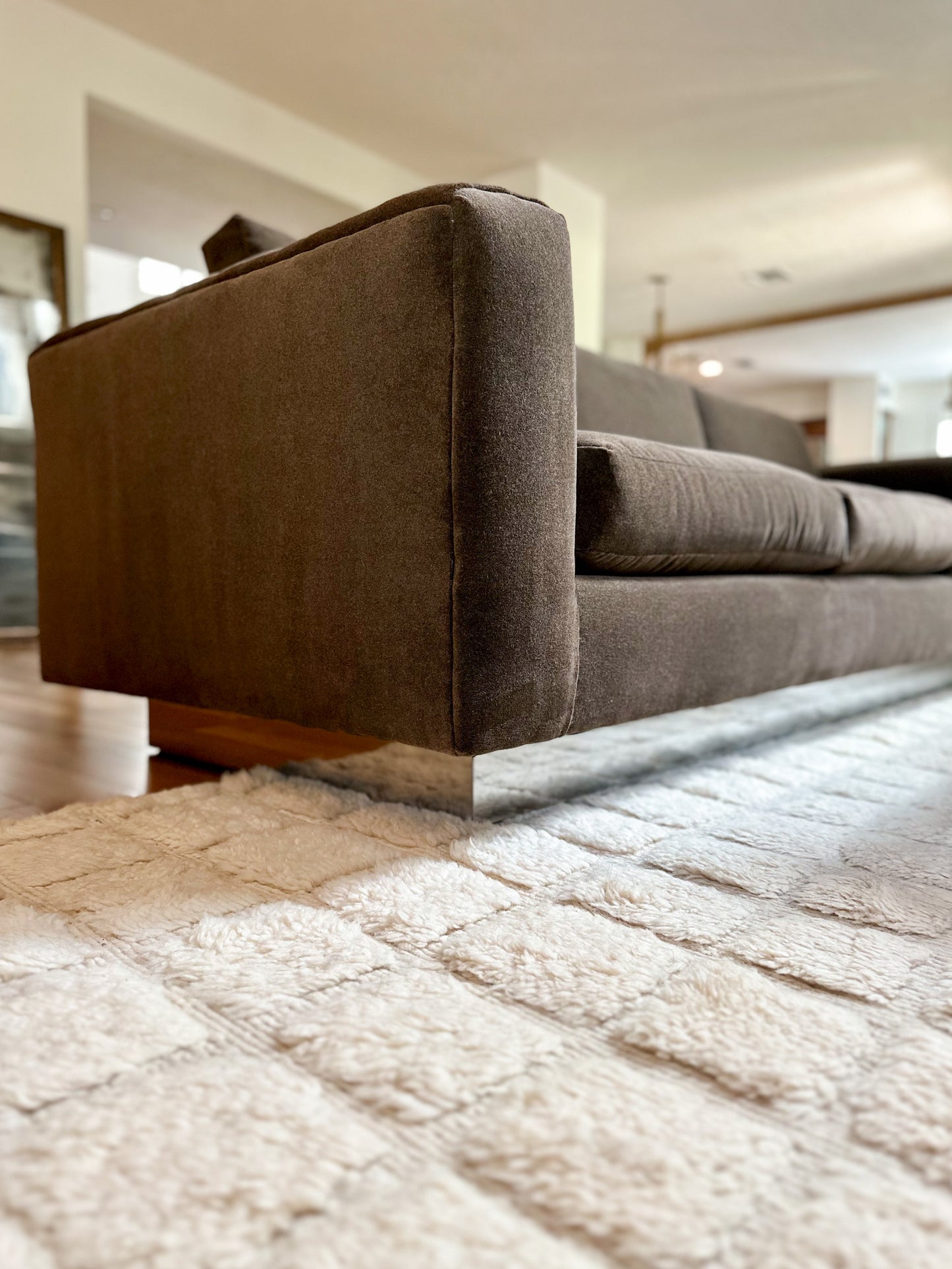 1970s Chocolate Velvet Tuxedo Sofa With Mirrored Plinth Base