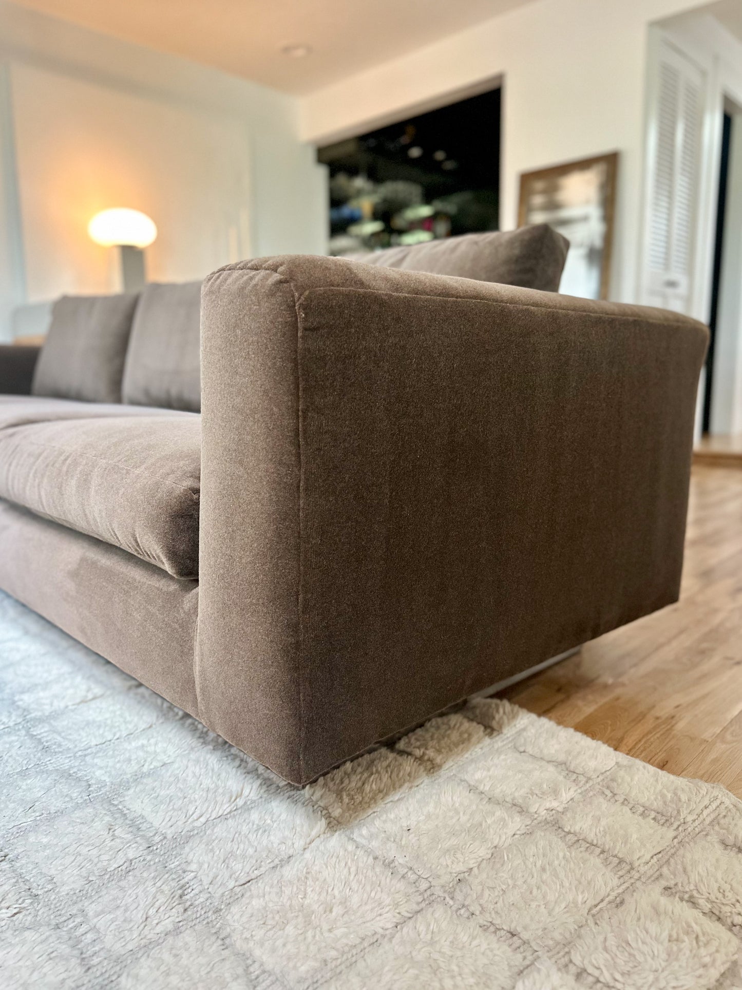 1970s Chocolate Velvet Tuxedo Sofa With Mirrored Plinth Base