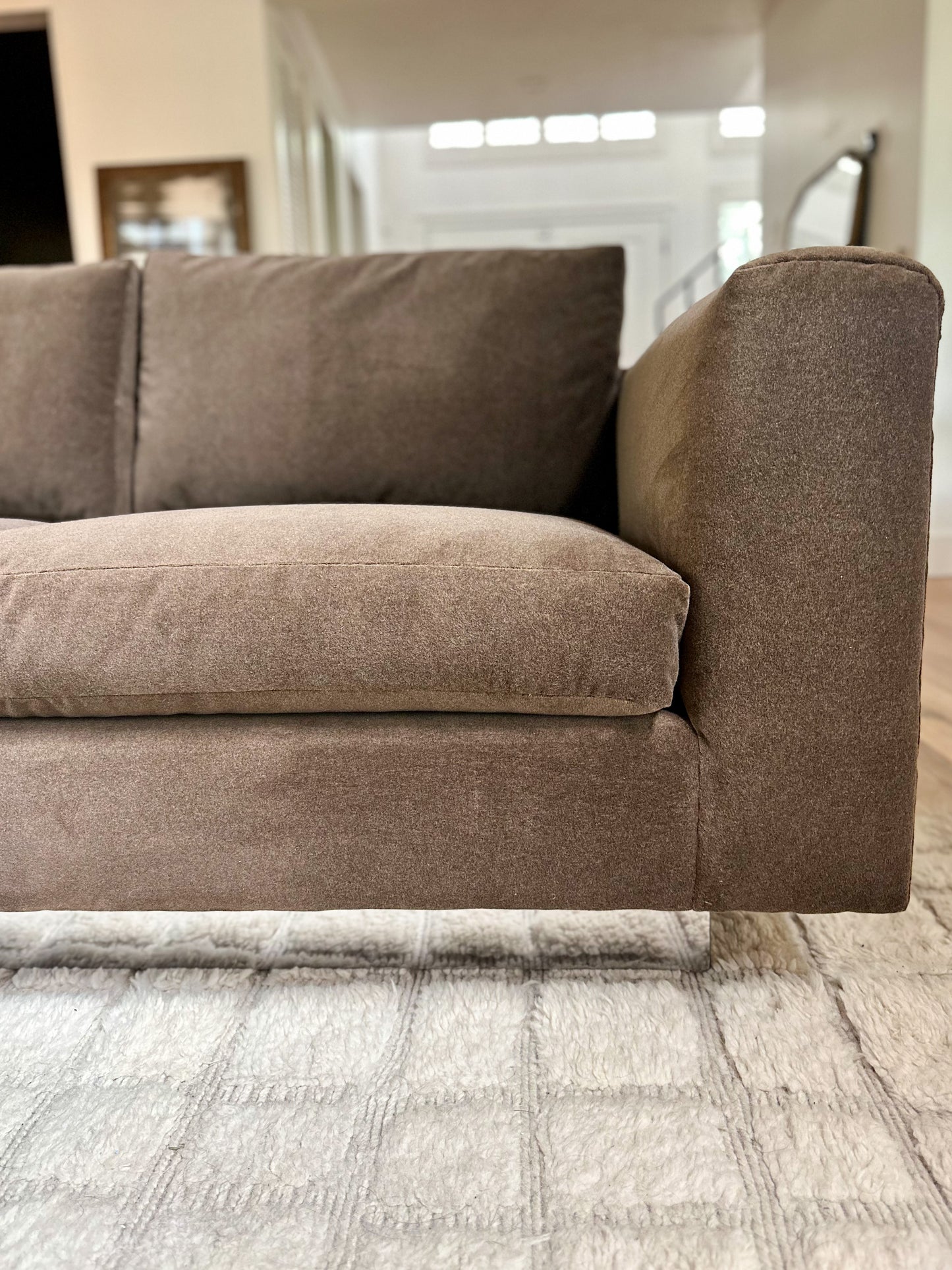 1970s Chocolate Velvet Tuxedo Sofa With Mirrored Plinth Base