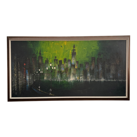 Mid 20th Century Abstract City Skyline Oil Painting, Framed