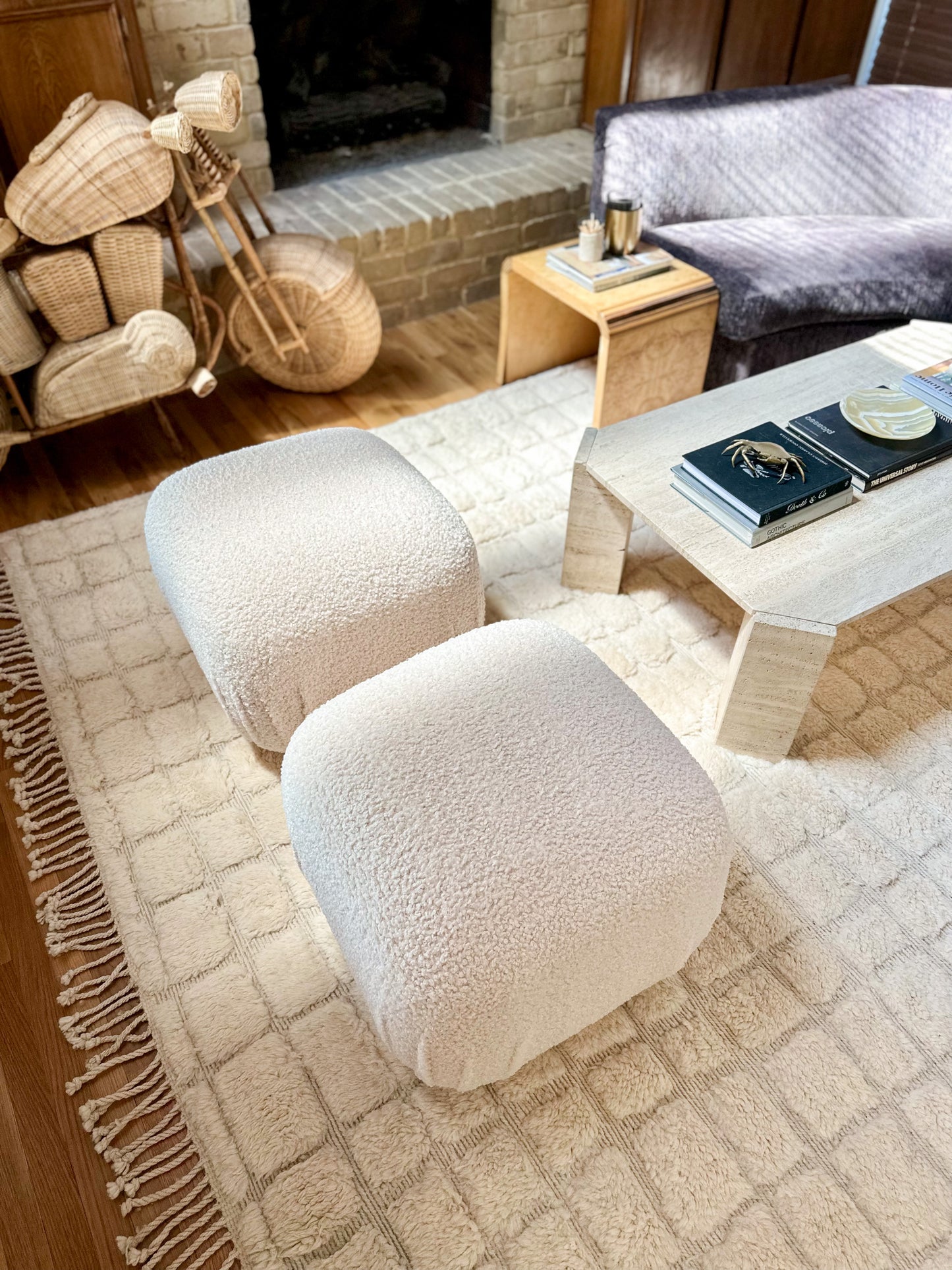 1980s Pouf Ottomans in Fresh Ivory Bouclé - A Pair