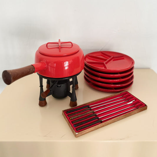 1960s MCM Jens Quistgaard Dansk Danish Fondue Set With Pot, Plates, and Forks - 12 Pieces
