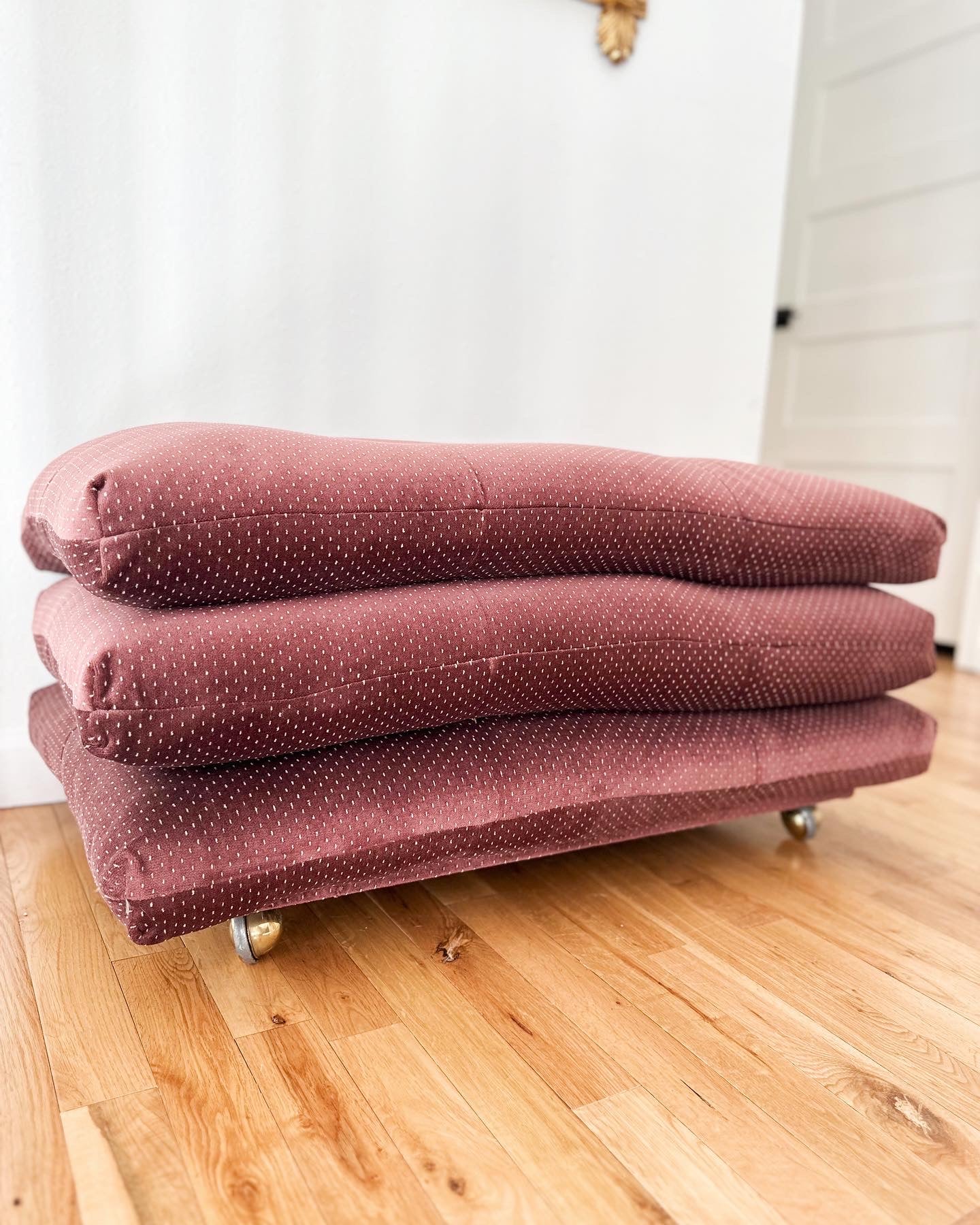 1980s Plum Velvet Stacked Ottoman on Brass Castors