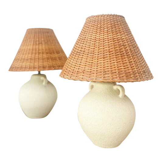1970s Ivory Pottery Lamps With Wicker Shades - a Pair