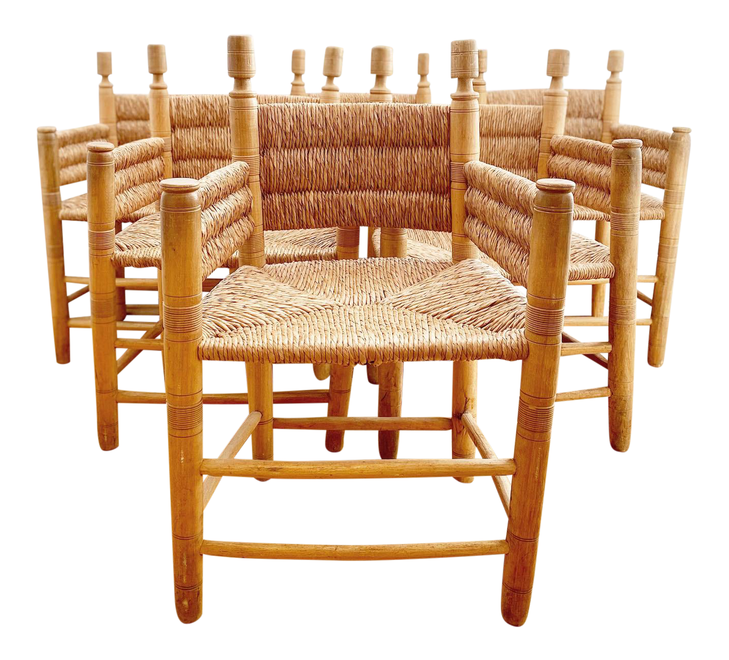 Antique Carved Wood and Rush Arm Chairs - Set of 6