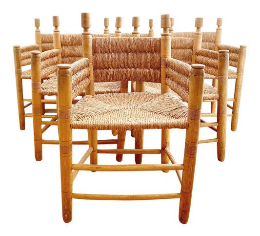 Antique Carved Wood and Rush Arm Chairs - Set of 6