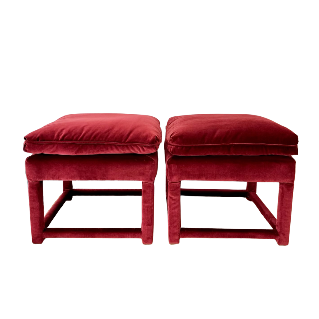 Plush Burgundy Velvet Parsons-Style Ottomans - a pair