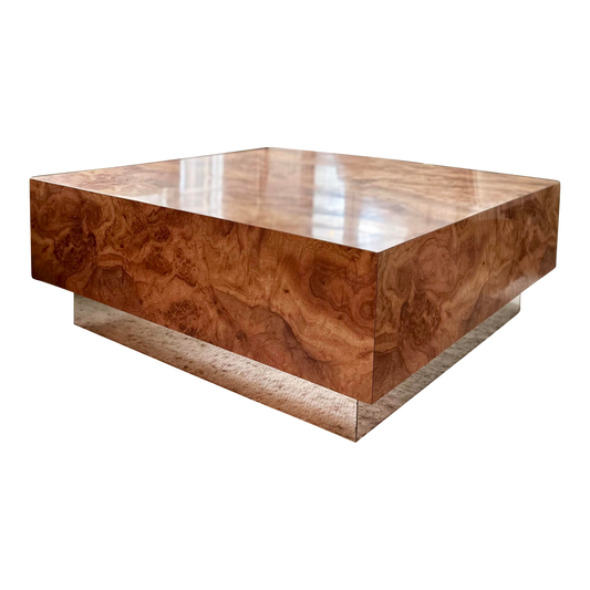 1970's Burlwood Laminate Coffee Table with Mirror Plinth Base