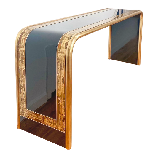 1970s Bernhard Rohne for Mastercraft Acid Etched Brass and Black Lacquer Console Table