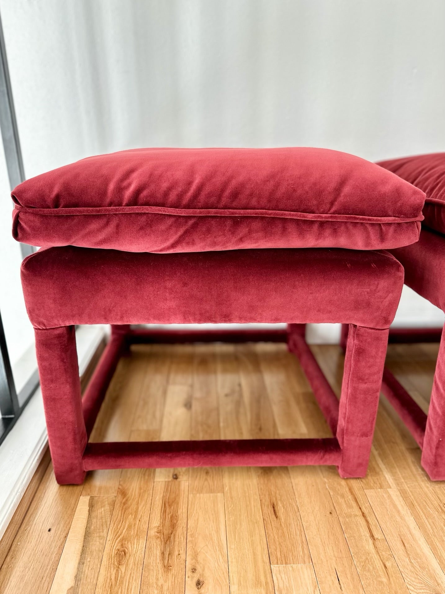 Plush Burgundy Velvet Parsons-Style Ottomans - a pair