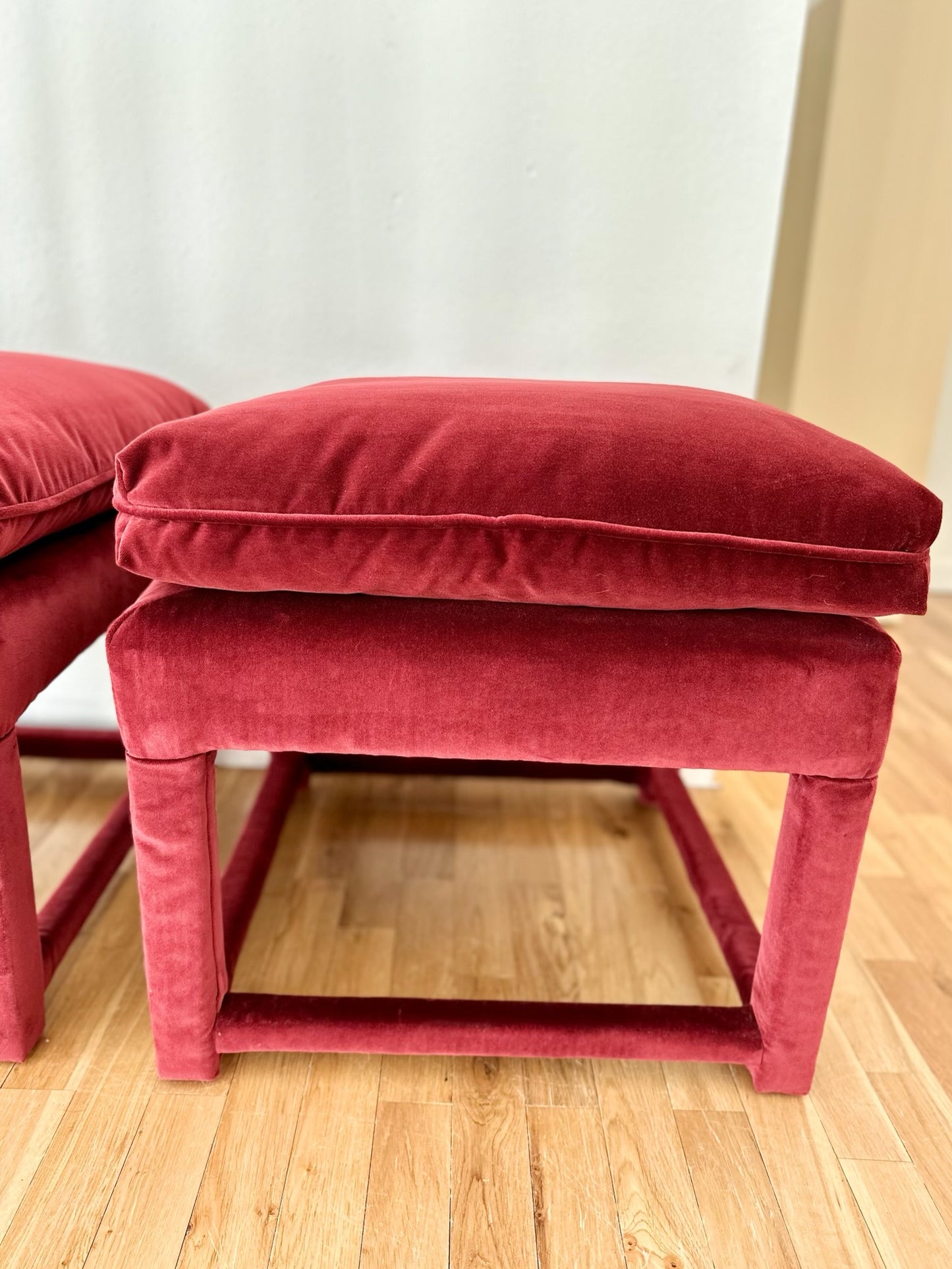 Plush Burgundy Velvet Parsons-Style Ottomans - a pair