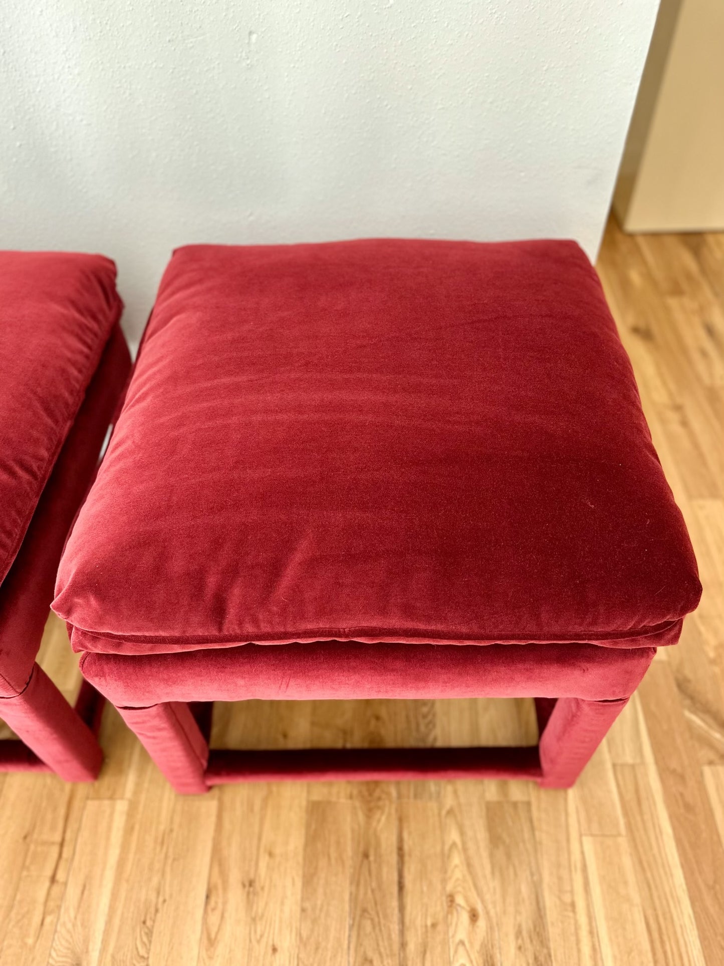 Plush Burgundy Velvet Parsons-Style Ottomans - a pair