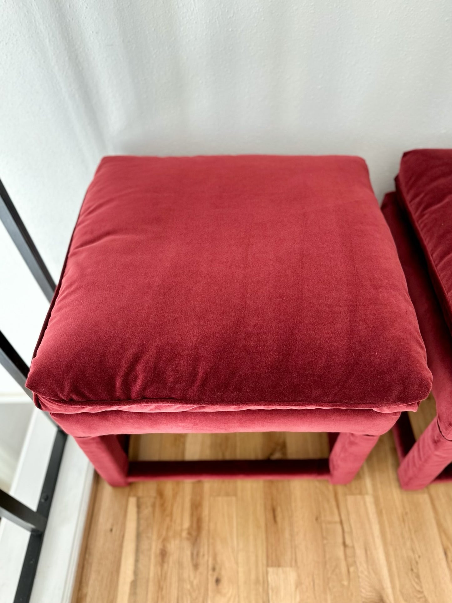 Plush Burgundy Velvet Parsons-Style Ottomans - a pair