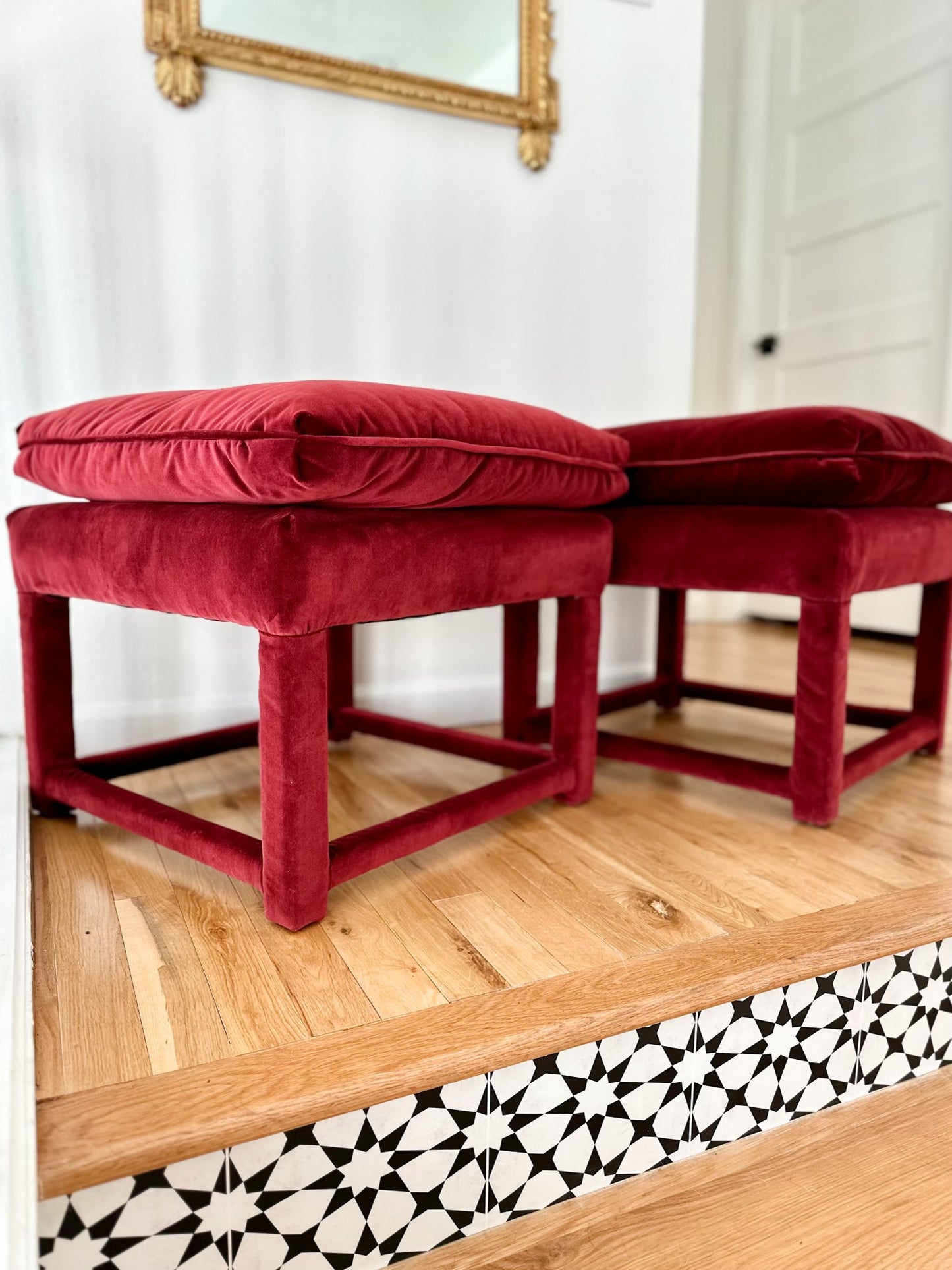 Plush Burgundy Velvet Parsons-Style Ottomans - a pair