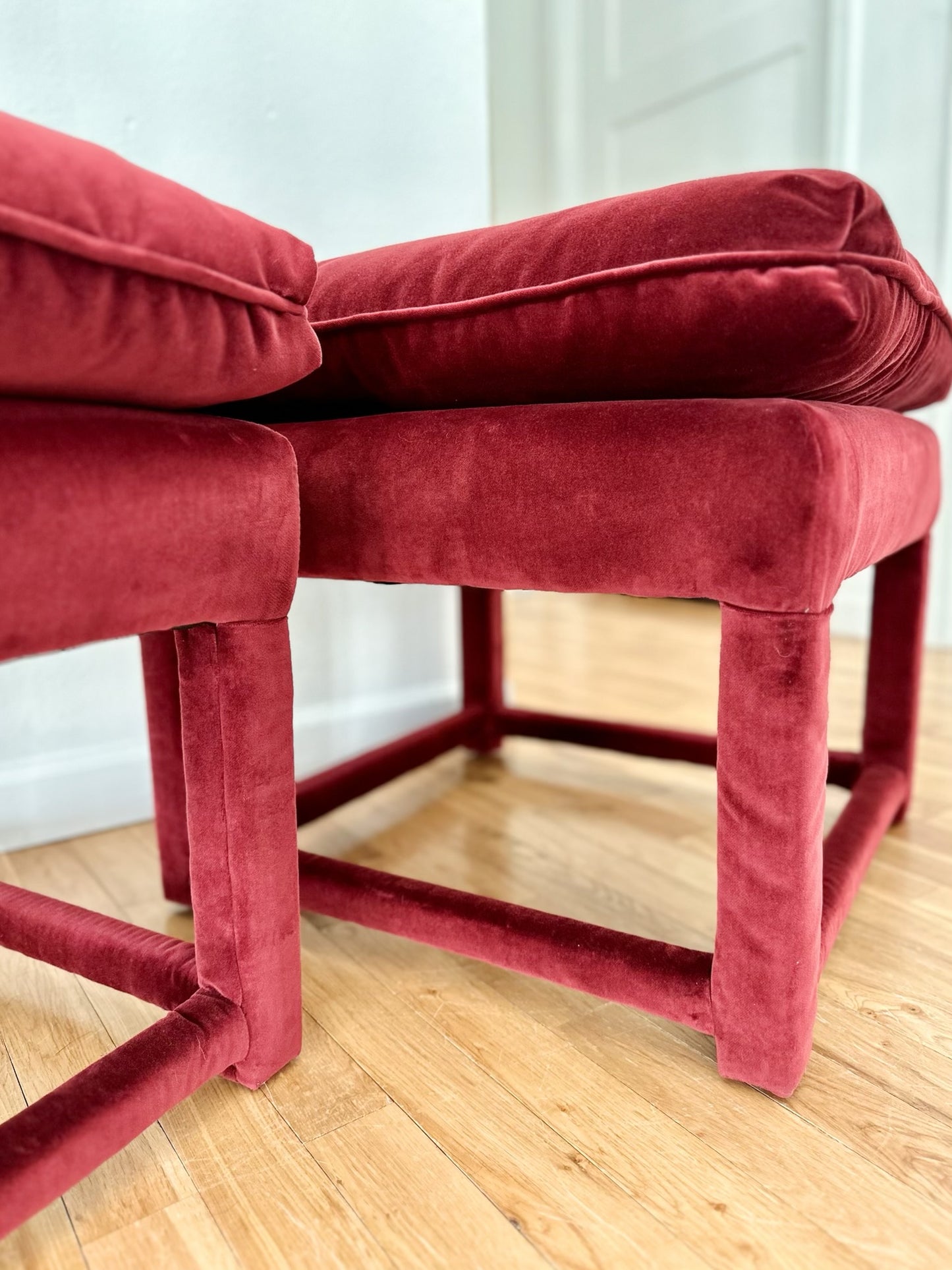 Plush Burgundy Velvet Parsons-Style Ottomans - a pair