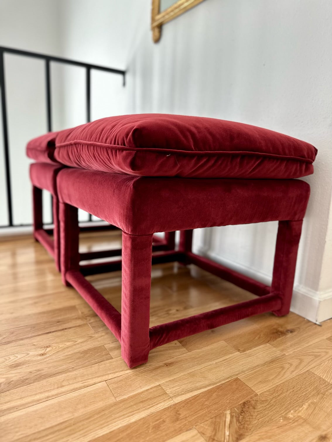 Plush Burgundy Velvet Parsons-Style Ottomans - a pair