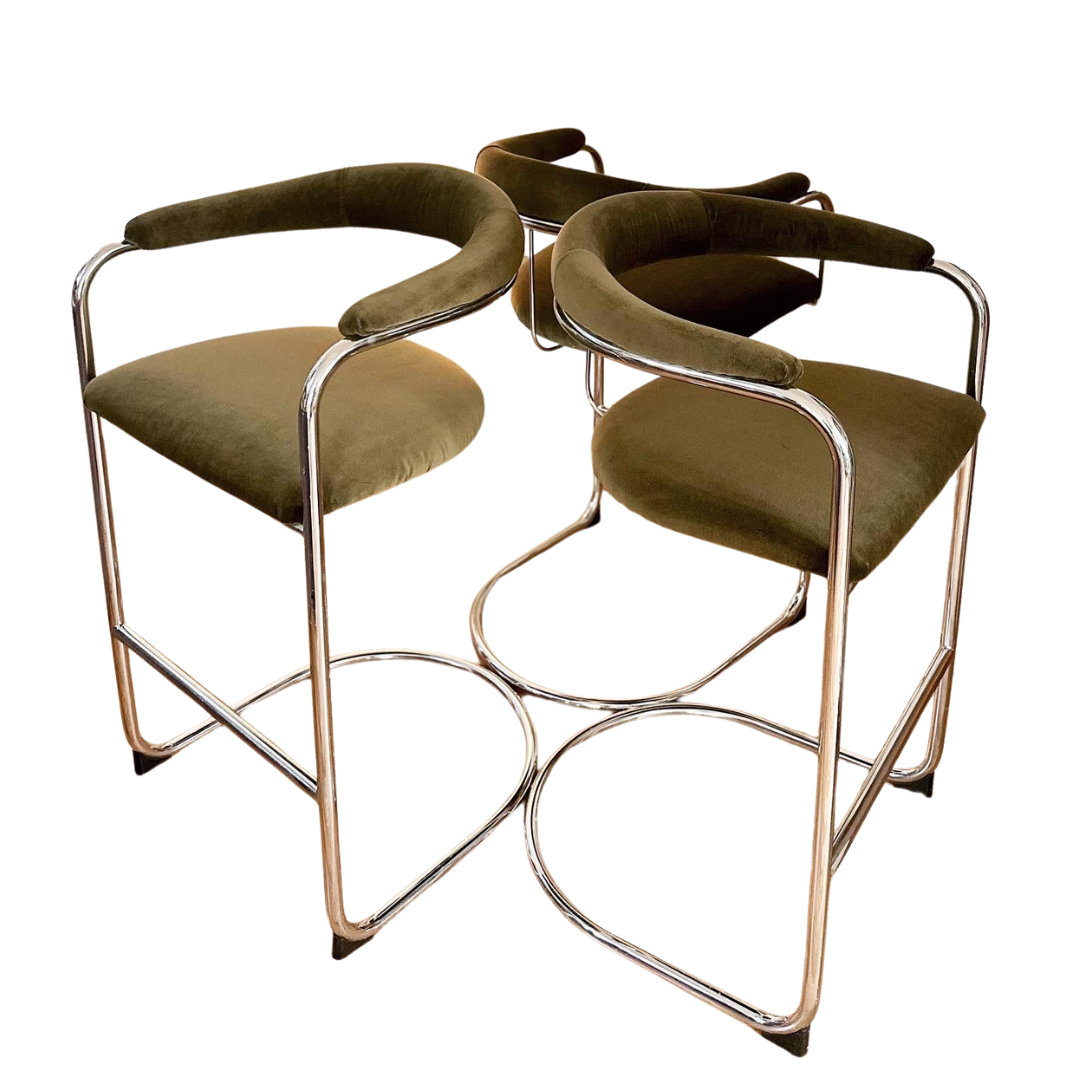 1970's Cantilevered Chrome and Olive Velvet Barstools by Anton Lorenz for Thonet - Set of 3