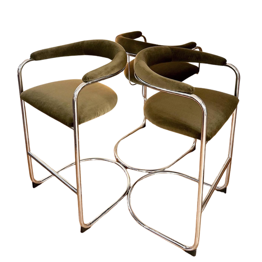 1970's Cantilevered Chrome and Olive Velvet Barstools by Anton Lorenz for Thonet - Set of 3